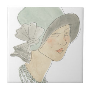 Azulejo De Cerâmica Esboço da Moda da Flapper - Mulher com chapéu