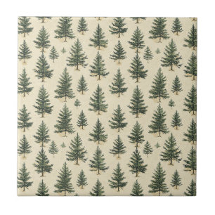 Azulejo De Cerâmica Esboço de Árvore Verde Perene Rústica em Creme Flo