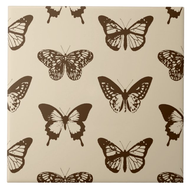 Azulejo De Cerâmica Esboço de borboleta, marrom chocolate em bege (Frente)