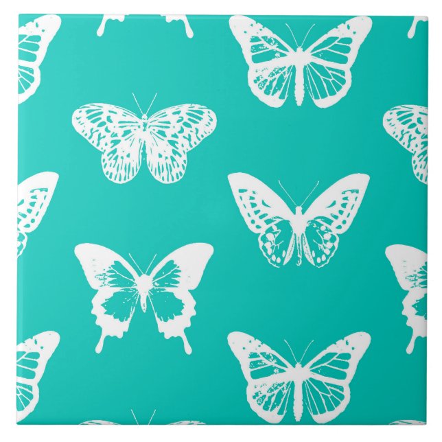 Azulejo De Cerâmica Esboço de borboleta, turquesa e branco (Frente)