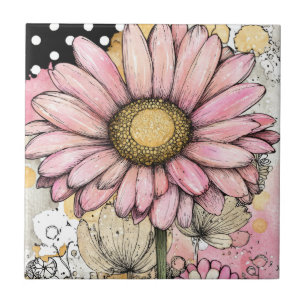 Azulejo De Cerâmica Esboço de Flor de Margarida Rosa com Centro Amarel