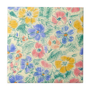 Azulejo De Cerâmica Esboço de Flor Silvestre Vintage (3)