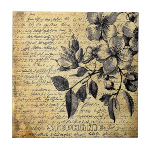 Azulejo De Cerâmica Esboço Floral Rústico com Caligrafia - Envelhecido