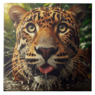 Azulejo De Cerâmica Escadas-leopardo enquanto Lapando Água na Selva