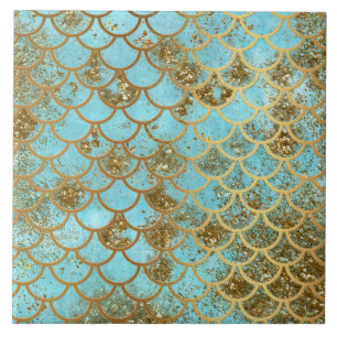 Azulejo De Cerâmica Escalas de peixes Dourados azuis iridescentes da