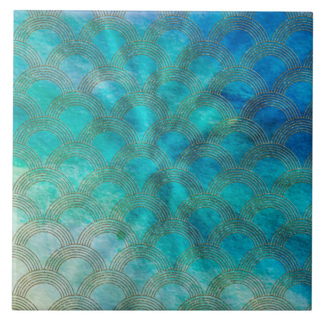 Azulejo De Cerâmica Escalas do mar e da sereia no aqua e no ouro (Frente)