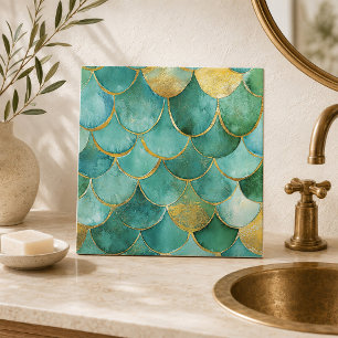 Azulejo De Cerâmica Escamas de Sereia Elegantes em Turquesa e Dourado