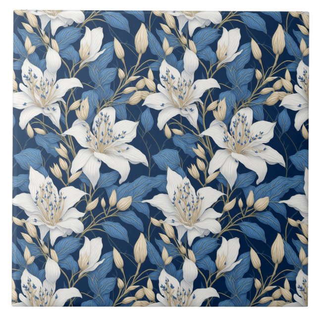 Azulejo De Cerâmica Escaramelos Florais Padrão Grande Folhas Azuis Bra (Frente)