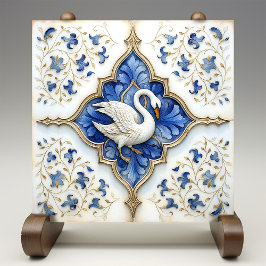 Azulejo De Cerâmica Escroque medieval do Swan branco-azul Dourado