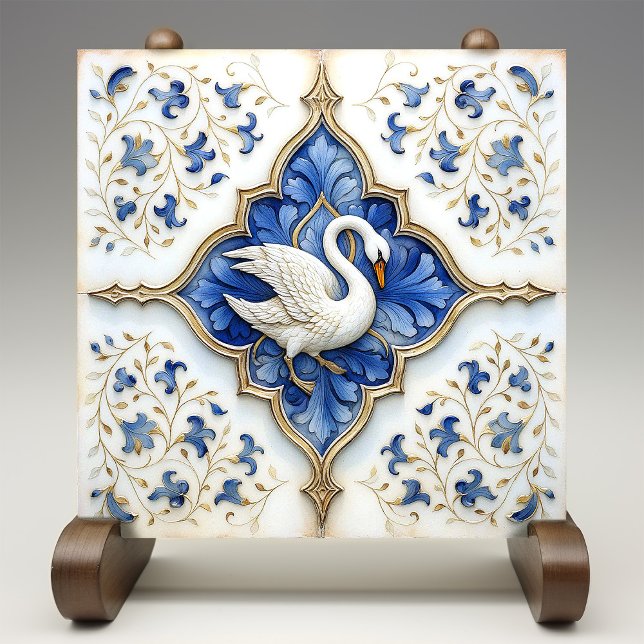 Azulejo De Cerâmica Escroque medieval do Swan branco-azul Dourado (Criador carregado)