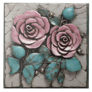 Azulejo De Cerâmica Escultura Botânica Rosa Sobreposta em mármore bran