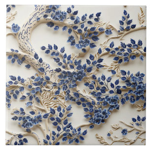 Azulejo De Cerâmica Escultura de árvore azul e branca, flores azuis