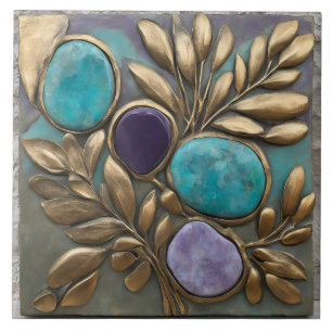 Azulejo De Cerâmica Escultura Floral em Turquesa, Dourado e Roxo