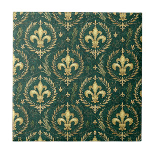 Azulejo De Cerâmica Esmeralda Verde e Dourado Padrão Real Damasko