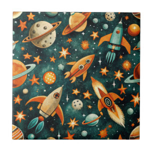 Azulejo De Cerâmica Espaço Atômico Laranja Teal Planeta Meados do Sécu