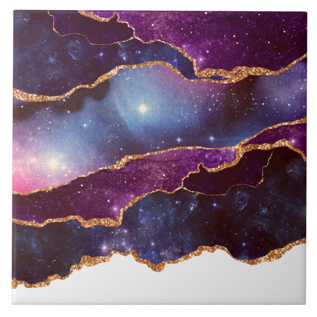 Azulejo De Cerâmica Espaço Azul e Roxo e Estrelas com Faixa Dourada (Frente)