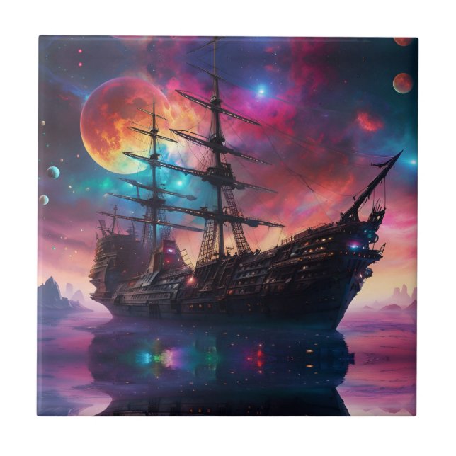 Azulejo De Cerâmica Espaçonave Pirata em Outro Planeta (Frente)