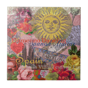 Azulejo De Cerâmica Espanha Vintage Sol Viagem Colagem Retro Europa