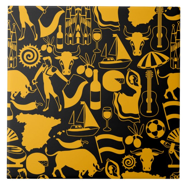 Azulejo De Cerâmica Espanhas e tradições espanholas a preto e laranja (Frente)