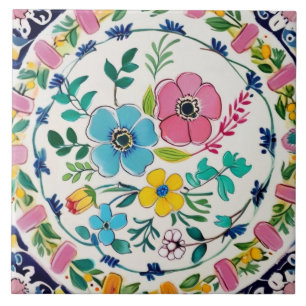 Azulejo De Cerâmica Espanhol Floral Colorido Vibrante Rosa & Flores Az