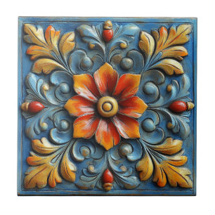 Azulejo De Cerâmica Espanhol mexicano Floral Orange e Blue