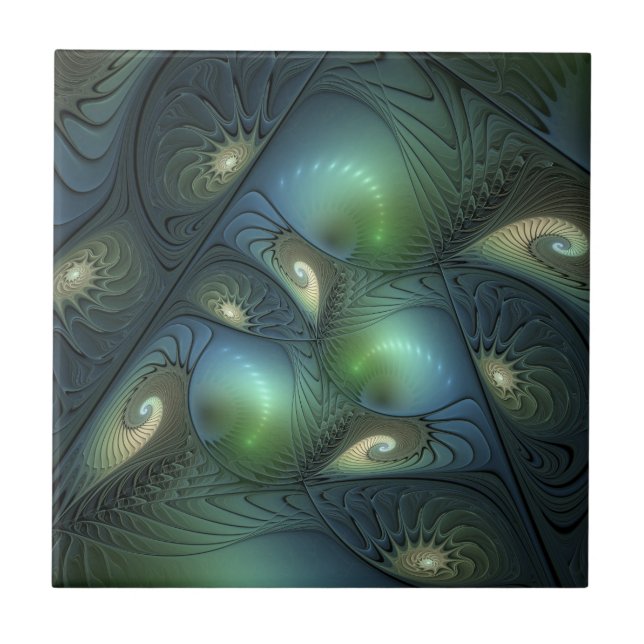 Azulejo De Cerâmica Espirais Teal Beige Verde Abstrato Fractal (Frente)