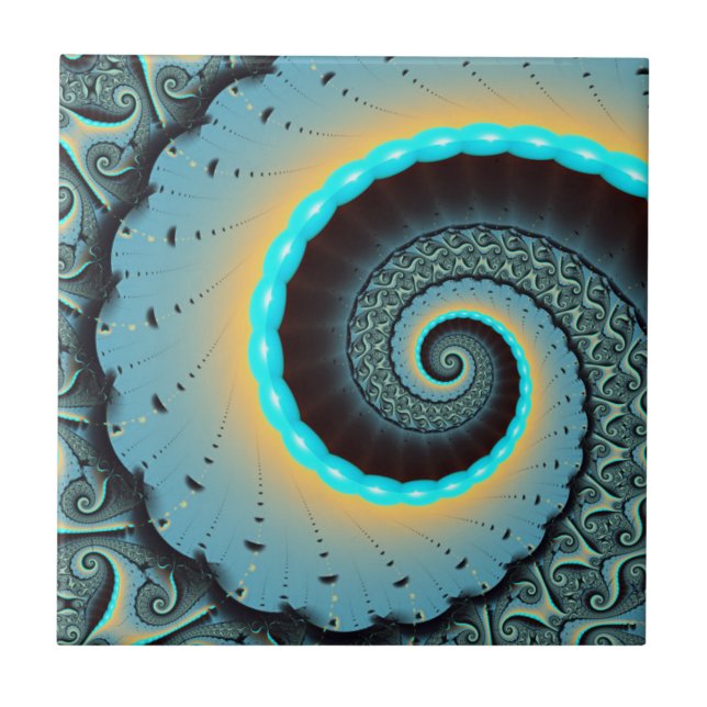 Azulejo De Cerâmica Espiral de Arte Fractal Laranja abstrato azul Turq (Frente)