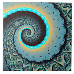 Azulejo De Cerâmica Espiral de Arte Fractal Laranja abstrato azul Turq