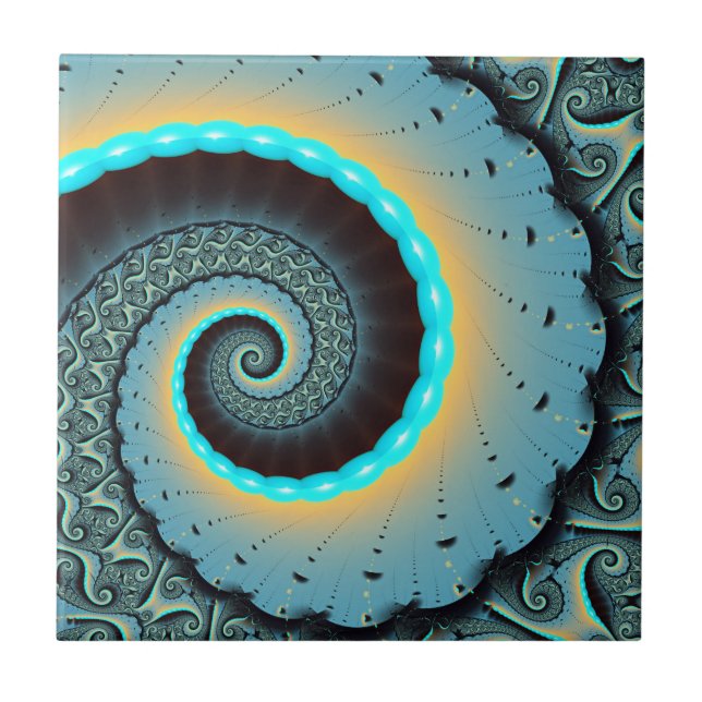 Azulejo De Cerâmica Espiral de Arte Fractal Laranja abstrato azul Turq (Frente)