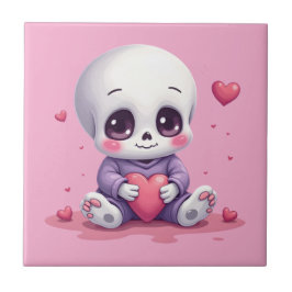 Azulejo De Cerâmica Esqueleto Kawaii Segurando Coração