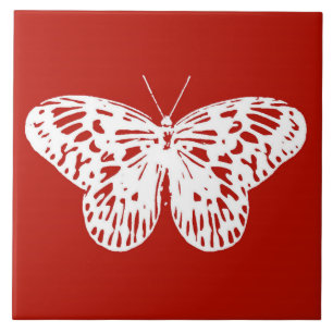 Azulejo De Cerâmica Esquema da borboleta, vermelho e branco profundo