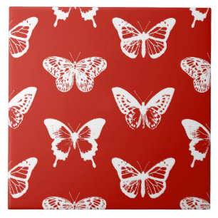 Azulejo De Cerâmica Esquema da borboleta, vermelho e branco profundo