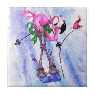 Azulejo De Cerâmica Esquiador Flamingo Rosa Engraçado - Quadrinha de