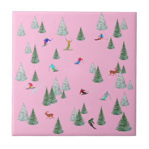 Azulejo De Cerâmica Esquiadores Esqui Descendo Ilustração Rosa Pastel
