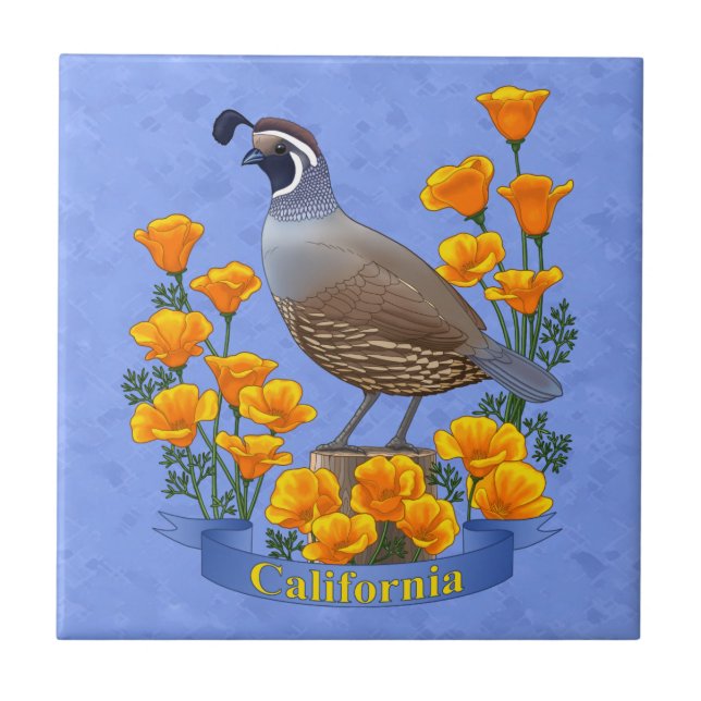 Azulejo De Cerâmica Estado da Califórnia - Pássaro Quail & Ouro Poppy (Frente)