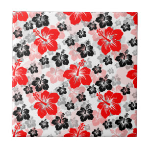 Azulejo De Cerâmica Estampa Floral Hibisco Tropical Preto Vermelho 
