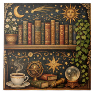 Azulejo De Cerâmica Estante de livros celestial retrô amante do café