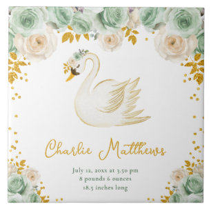 Azulejo De Cerâmica Estatísticas de Nascimento de Rosas Verde e Dourad