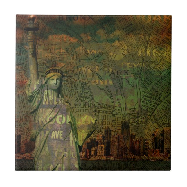 Azulejo De Cerâmica Estátua da liberdade do mapa de New York do (Frente)