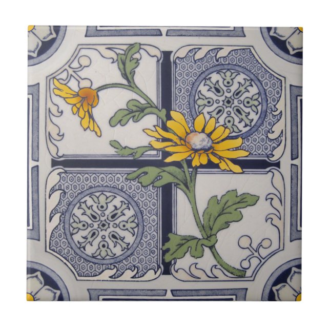 Azulejo De Cerâmica Estético Tardio Vitoriano Azul Amarelo Repro  (Frente)