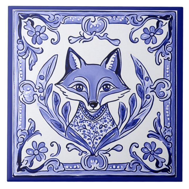 Azulejo De Cerâmica Estilo Asiático da Raposa Azul e Branca Arte Anima (Frente)