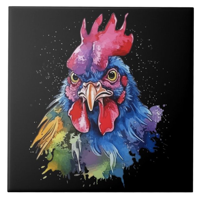 Azulejo De Cerâmica Estilo de Aquarela de Galinha do País Rooster (Frente)