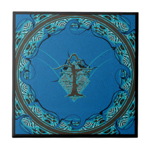 Azulejo De Cerâmica Estilo de Árvore Sem Fios Azul Abstrato 4