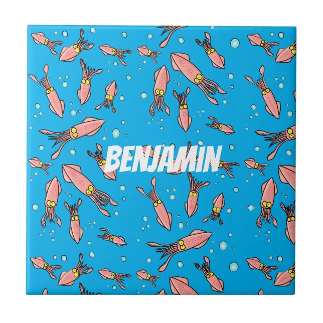 Azulejo De Cerâmica Estilo de desenho animado de lula rosa e engraçado (Frente)