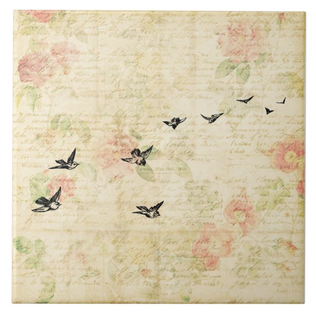 Azulejo De Cerâmica Estilo De Papel De Script Floral Elegante De Aves  (Frente)