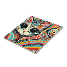 Azulejo De Cerâmica Estilo de Talavera Gatinho Gatinho Abstrato de Art