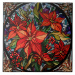 Azulejo De Cerâmica Estilo de Vidro Colorido Poinsettias & Holly<br><div class="desc">Estilo de vidro colorido,  cor de joias,  colorido,  profundo poinsetos vermelhos e ocos com folhagem verde-caçadora e dourada e borda negra circular.</div>