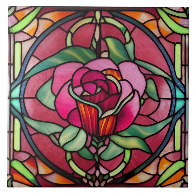 Azulejo De Cerâmica Estilo de Vidro Floral Rosa Floral Vermelho Burgun (Frente)