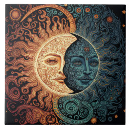 Azulejo De Cerâmica Estilo de Vintage Sun e Lua