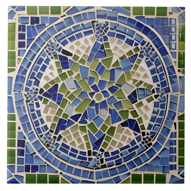 Azulejo De Cerâmica Estilo Espanhol Simulado Azul Mosaico e Verde (Frente)
